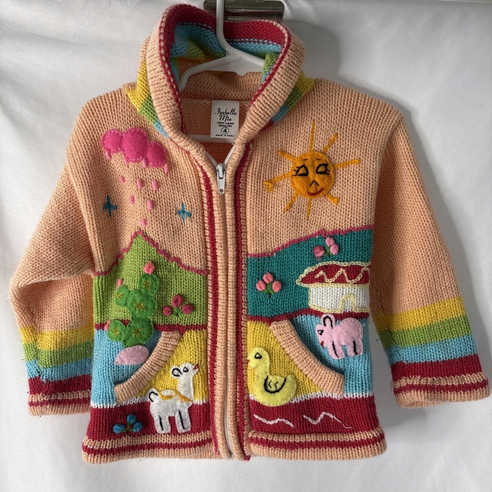 Isabella Mia Girls 4 Embroidered Zip Up Cardigan‎ Sweater Hoodie Peruvian Alpaca